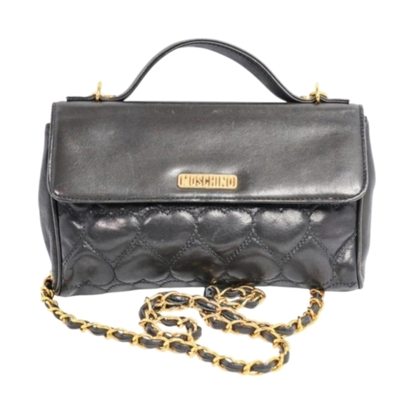 Vintage MOSCHINO Black Leather Heart Stitched Shoulder Satchel Handbag - Picture 2 of 9